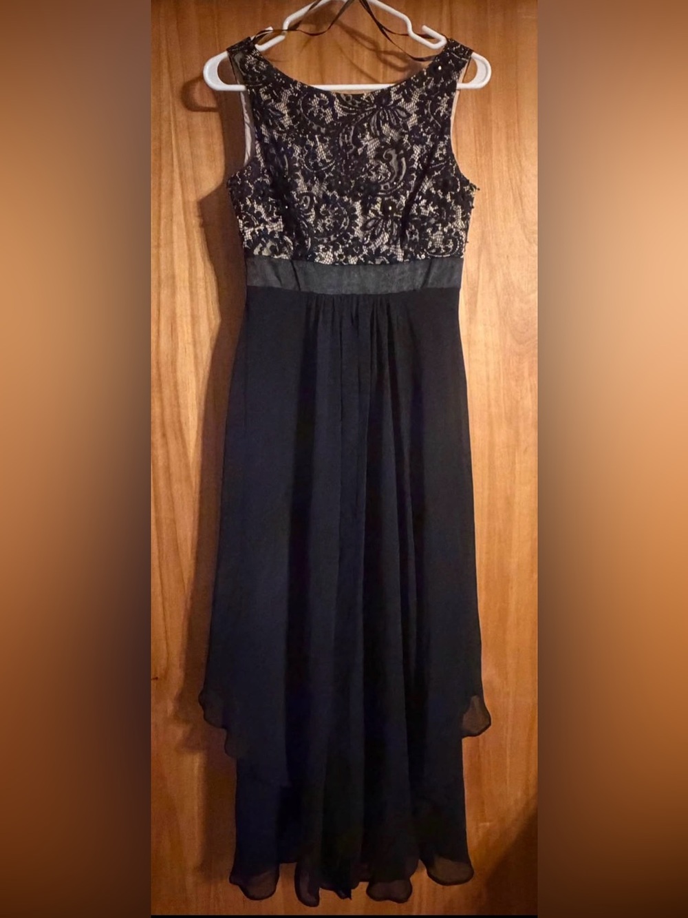 Eliza J Black and Gold Lace Bodice Evening Dress